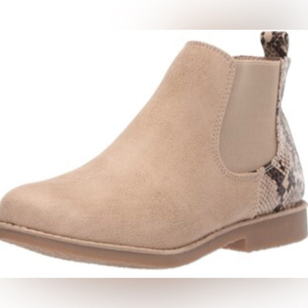 Seven Dials MARISAH Tan Faux Suede Snake Print Back Elastic Pull On Ankle Boots